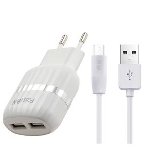 Блок питания сетевой 2 USB FaisON, HC41, TWIN, 2100mA, пластик, кабель микро USB, цвет: белый-1