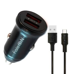 Блок питания автомобильный 2 USB FaisON А-37, Push, 2400mA, 12Вт, кабель Type-C, цвет: чёрный-1