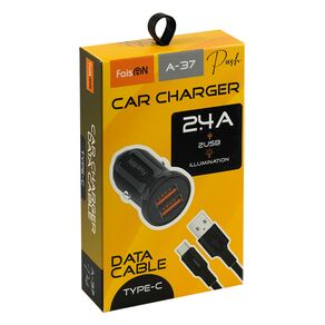 Блок питания автомобильный 2 USB FaisON А-37, Push, 2400mA, 12Вт, кабель Type-C, цвет: чёрный-2