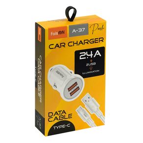 Блок питания автомобильный 2 USB FaisON А-37, Push, 2400mA, 12Вт, кабель Type-C, цвет: белый, мятая упаковка-2