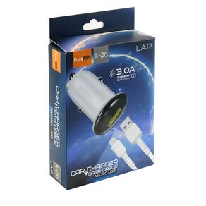 Блок питания автомобильный 1 USB FaisON A-26, Lap, 3000mA, 18Вт, QC3.0, кабель микро USB, цвет: белый, чёрная вставка-2