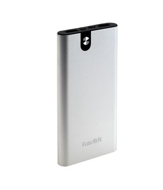 Аккумулятор внешний FaisON EX-PB-905, Classic, 10000mAh, металл, 2 USB выхода, индикатор, 2.1A, цвет: серебряный-1