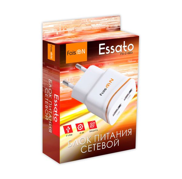 Блок питания сетевой 2 USB FaisON, FS-Z-983, Escato, 2400mA, 2400mA, пластик, цвет: белый-2