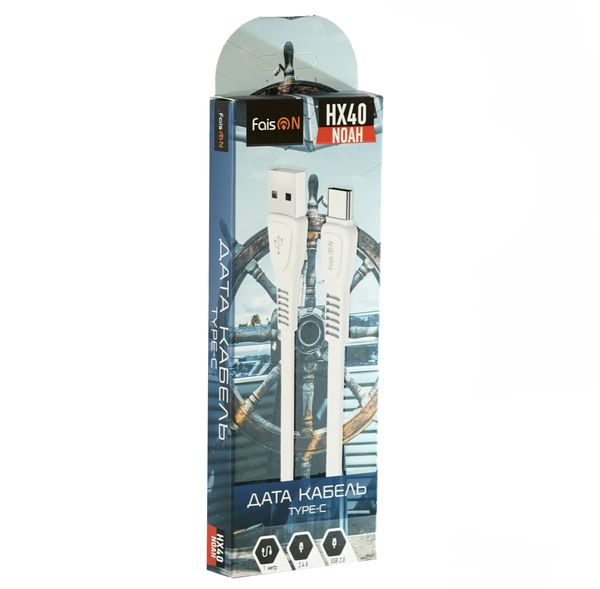 Кабель USB - Type-C FaisON HX40 Noah, 1.0м, плоский, 2.4A, силикон, цвет: белый-2