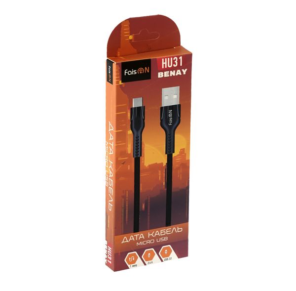 Кабель USB - микро USB FaisON HU31 Benay, 1.0м, круглый, 2.4A, ткань, цвет: чёрный-2