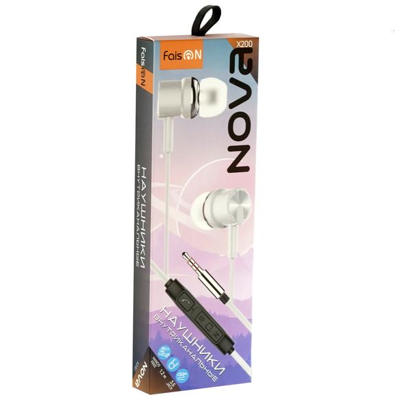 Наушники внутриканальные FaisON X200, Nova, микрофон, кнопка ответа, кабель 1.2м, цвет: белый-2