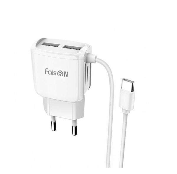 Устройство зарядное сетевое Type-C, 2 USB FaisON, C59A, Mega joy, 2100mAh, пластик, цвет: белый-1