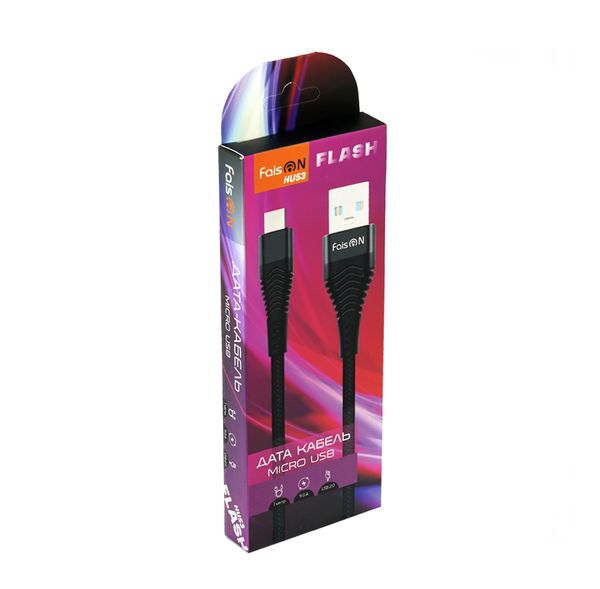 Кабель USB - микро USB FaisON HU53 Flash, 1.0м, круглый, 5.0A, ткань, цвет: чёрный-2