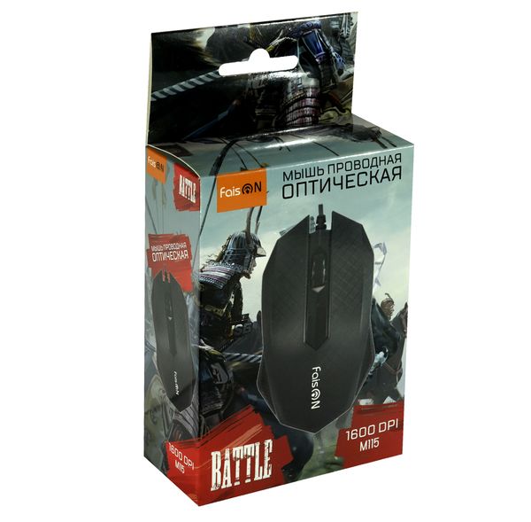 Мышь проводная FaisON, M115, Battle, 1600 DPI, оптическая, USB, 3 кнопки, цвет: чёрный-3