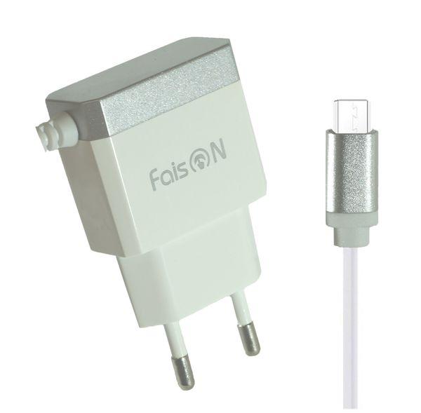 Устройство зарядное сетевое микро USB FaisON, T-10, 2000mA, пластик, цвет: белый, серебряная вставка-1