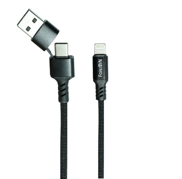 Кабель 8 pin - Type-C, USB FaisON К-HX50 Dual, 1.0м, круглый, 3.0A, нейлон, 2 в 1 , цвет: чёрный-1