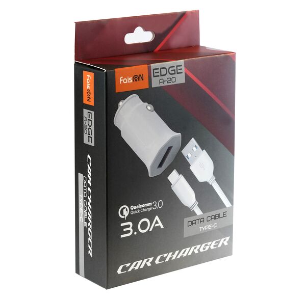 Блок питания автомобильный 1 USB FaisON A-20, EDGE, 3000mA, QC3.0, кабель Type-C, 1.0 м, цвет: чёрный, мятая упаковка-2
