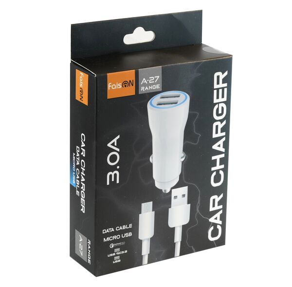 Блок питания автомобильный 2 USB FaisON A-27, Range, 2400mA, QC3.0, кабель Type-C, цвет: белый-2