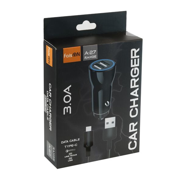Блок питания автомобильный 2 USB FaisON A-27, Range, 2400mA, QC3.0, кабель Type-C, цвет: чёрный-2
