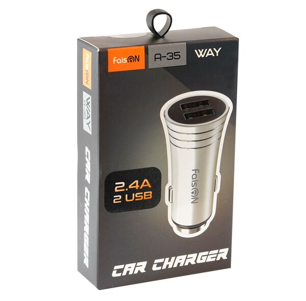 Блок питания автомобильный 2 USB FaisON A-35, Way, 2400mA, цвет: серебристый-2