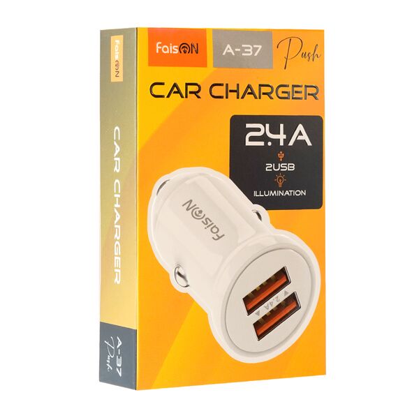 Блок питания автомобильный 2 USB FaisON А-37, Push, 2400mA, 12Вт, цвет: белый, мятая упаковка-2