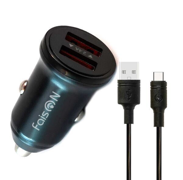 Блок питания автомобильный 2 USB FaisON А-37, Push, 2400mA, 12Вт, кабель Type-C, цвет: чёрный-1