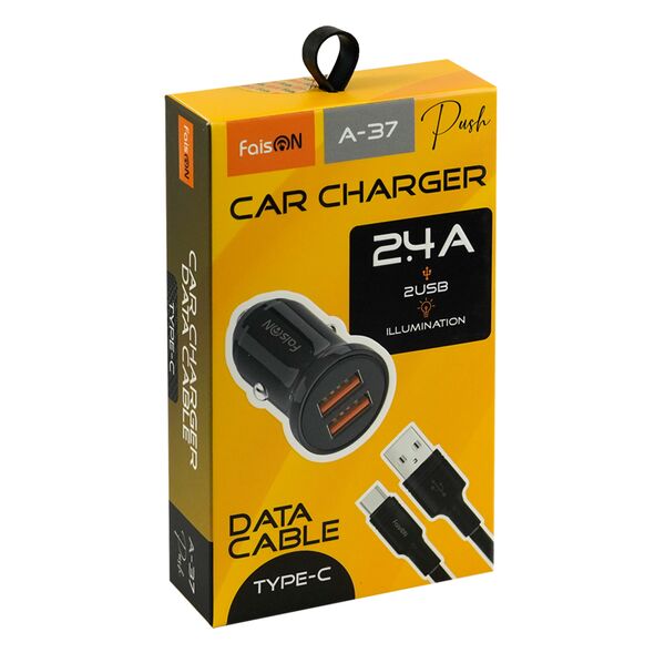 Блок питания автомобильный 2 USB FaisON А-37, Push, 2400mA, 12Вт, кабель Type-C, цвет: чёрный-2
