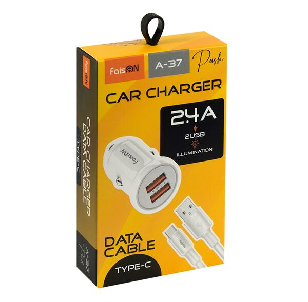 Блок питания автомобильный 2 USB FaisON А-37, Push, 2400mA, 12Вт, кабель Type-C, цвет: белый, мятая упаковка-2