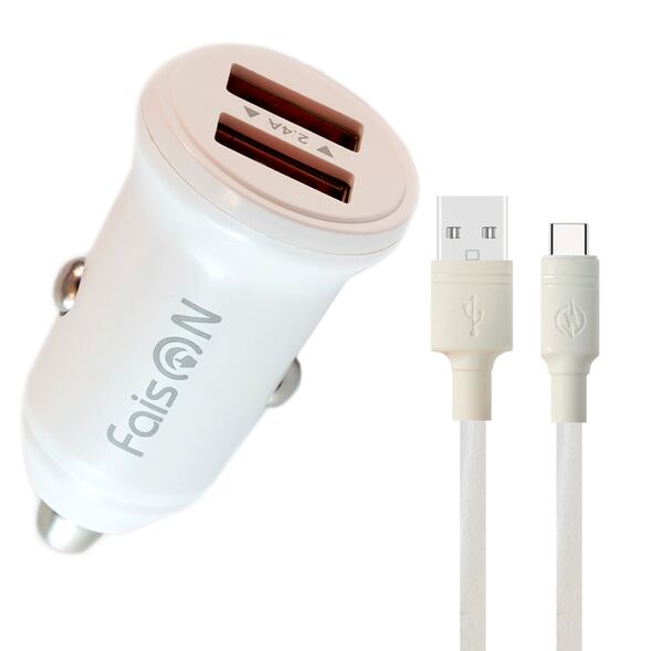Блок питания автомобильный 2 USB FaisON А-37, Push, 2400mA, 12Вт, кабель Type-C, цвет: белый, мятая упаковка-1