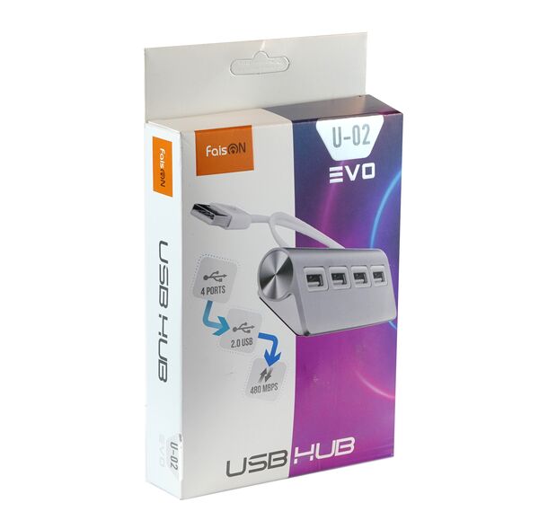 USB-концентратор FaisON U-02, EVO, алюминий, 4 гнезда, USB 2.0, кабель 0.5м, цвет: серебряный-2