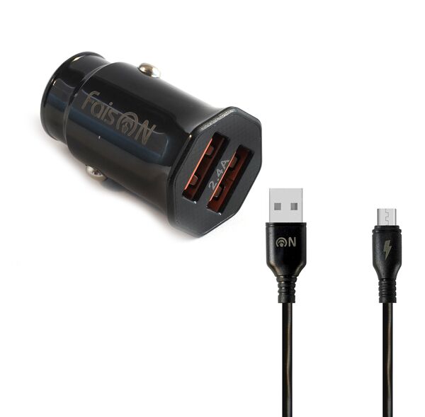 Блок питания автомобильный 2 USB FaisON A-20, EDGE, 2400mA, кабель микро USB 1.0м, цвет: чёрный-1