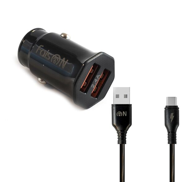 Блок питания автомобильный 2 USB FaisON A-20, EDGE, 2400mA, кабель Type-C, 1.0 м, цвет: чёрный-1