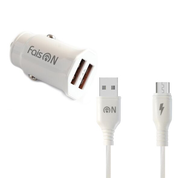 Блок питания автомобильный 2 USB FaisON A-20, EDGE, 2400mA, кабель микро USB 1.0м, цвет: белый-1