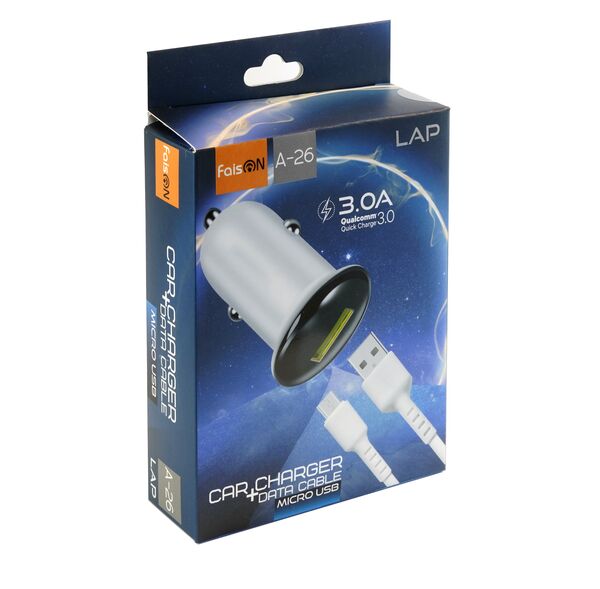 Блок питания автомобильный 1 USB FaisON A-26, Lap, 3000mA, 18Вт, QC3.0, кабель микро USB, цвет: белый, чёрная вставка-2