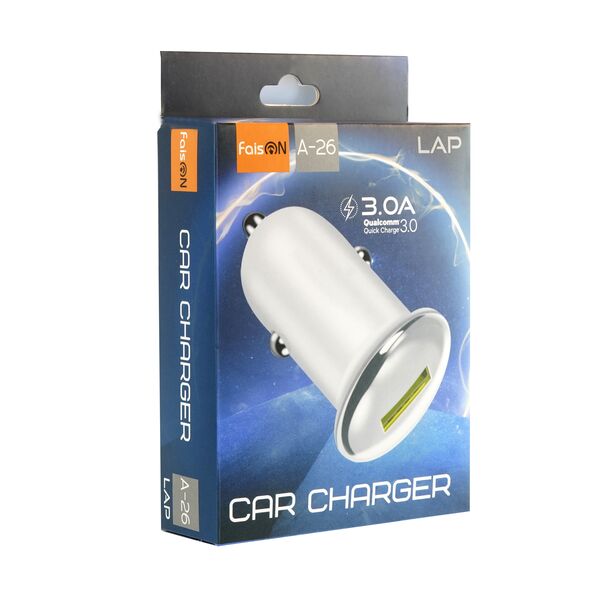 Блок питания автомобильный 1 USB FaisON A-26, Lap, 3000mA, 18Вт, QC3.0, цвет: белый, серебряная вставка-2