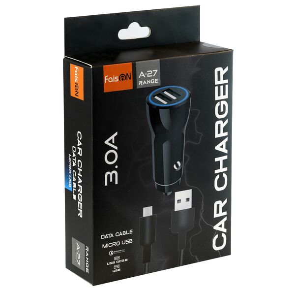 Блок питания автомобильный 2 USB FaisON A-27, Range, 2400mA, QC3.0, кабель микро USB, цвет: чёрный-2